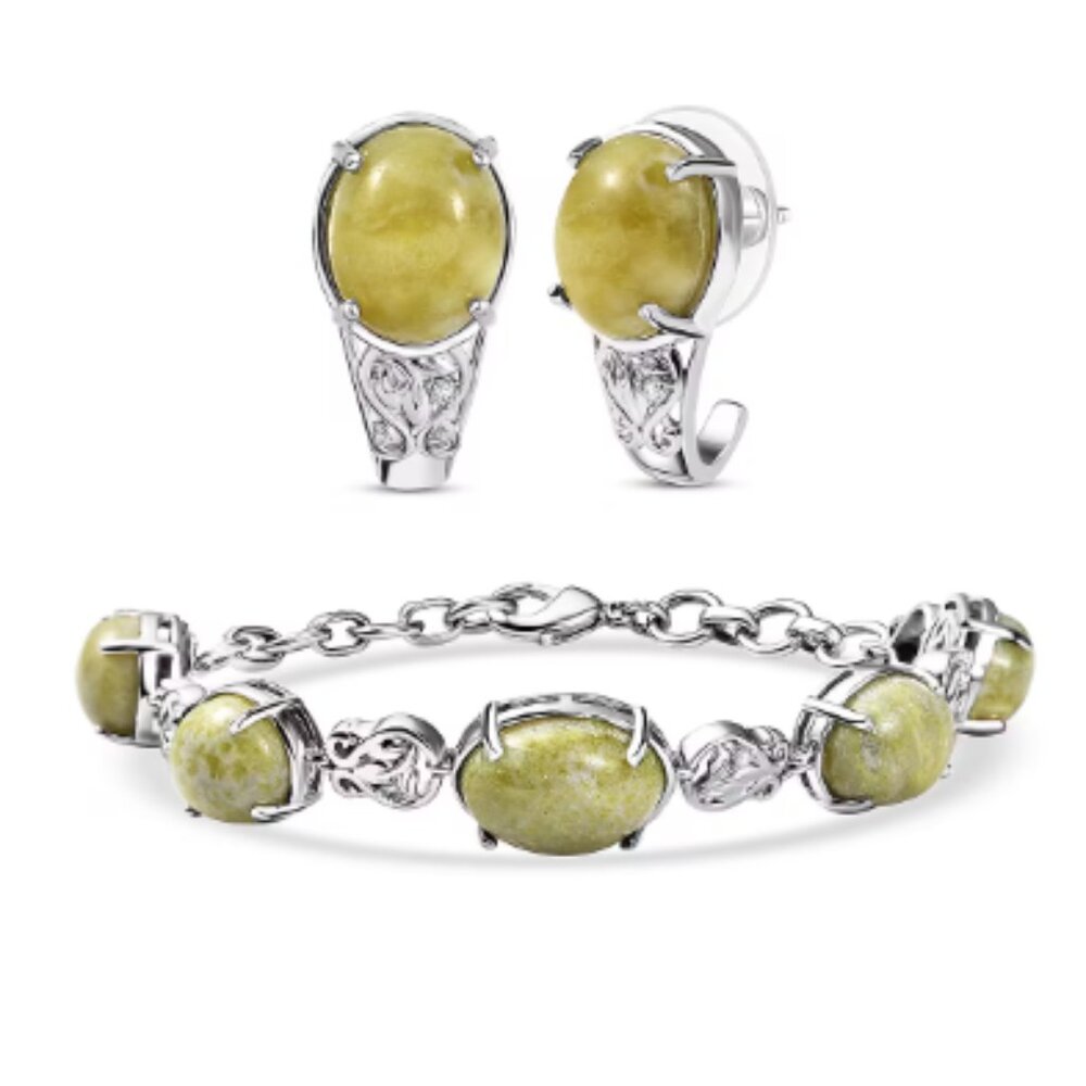 Connemara Marble and White Zircon Hoop Earrings and Bracelet